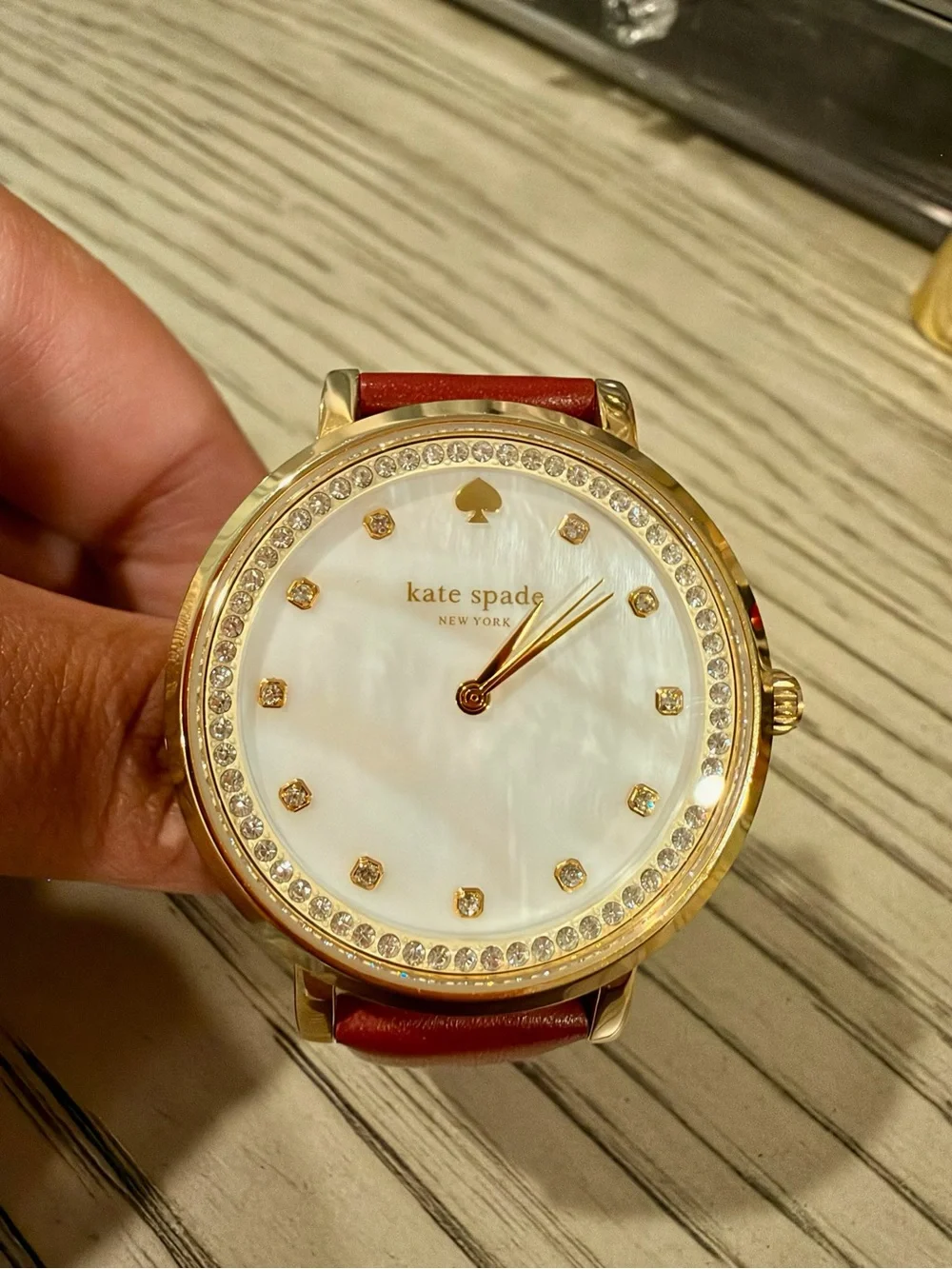 kate spade Red Leather Strap Watch with Gold Crystal Accents